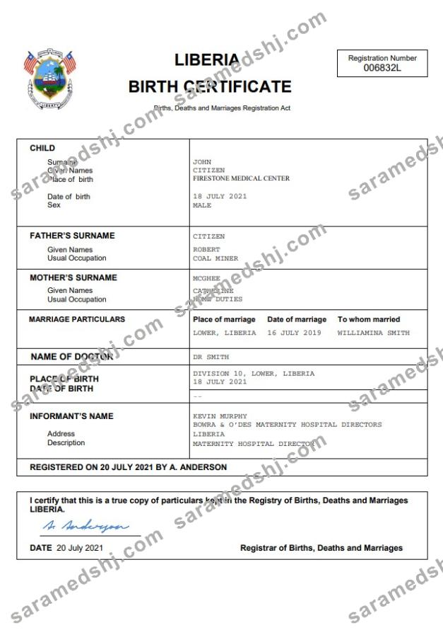 Liberia vital record birth certificate Word and PDF template